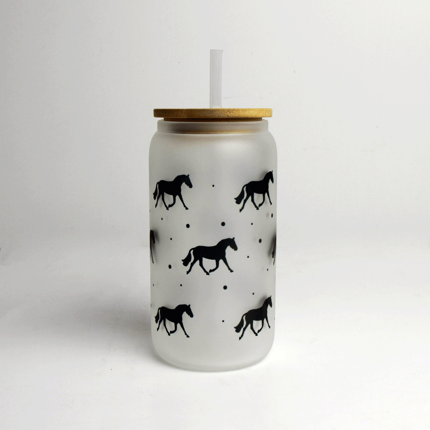 Trotting Horse Glass Tumbler with Bamboo Lid and Straw