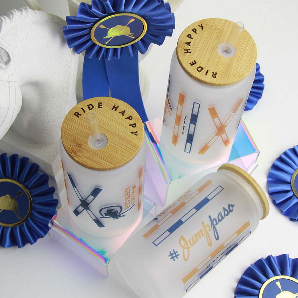 Custom glass tumblers for horse show prize, year end awards, pony club or IEA shows, or custom promotional products for your equestrian association.