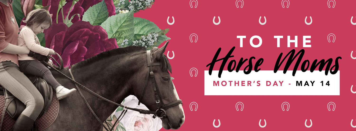 Equestrian Mother's Day gift ideas and mother's day greeting card for horse moms, baen moms, horse show moms. Featuring little girl with her mother on a horse. Mother's day is May 14.