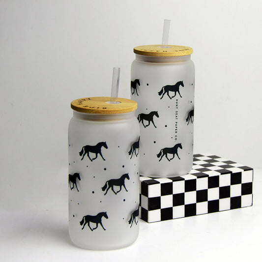 Trotting Horse Glass Tumbler with Bamboo Lid and Straw